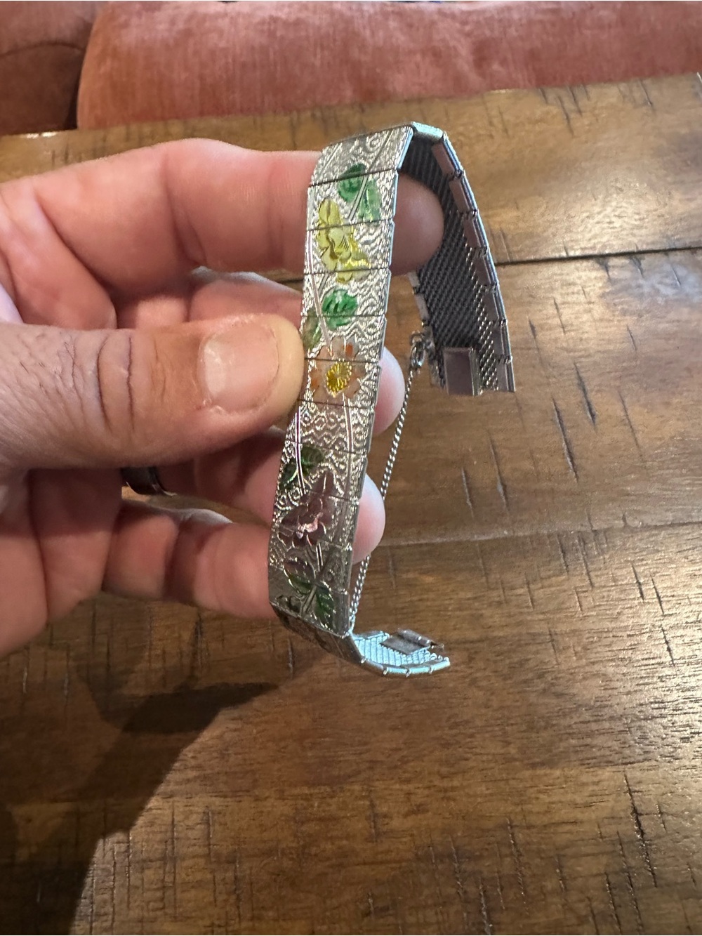 Vintage Floral Engraved Silver-Tone Bracelet with Hand-Painted Accents